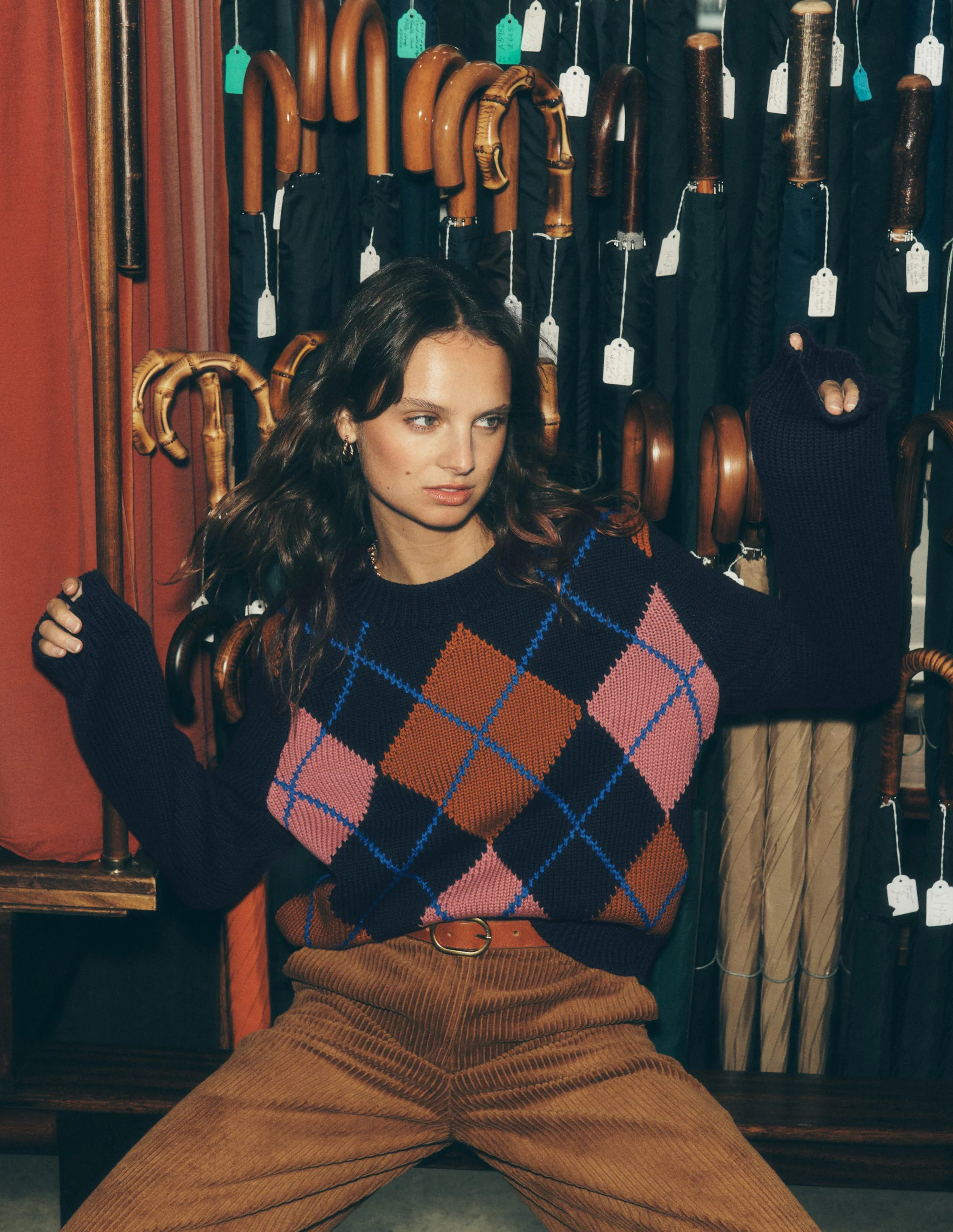 Lucy Chunky Cotton Sweater-navy, pink and brown argyle | Boden (US)