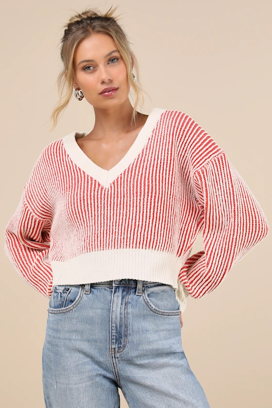 Attractively Cozy Red and White Striped V-Neck Pullover Sweater | Lulus
