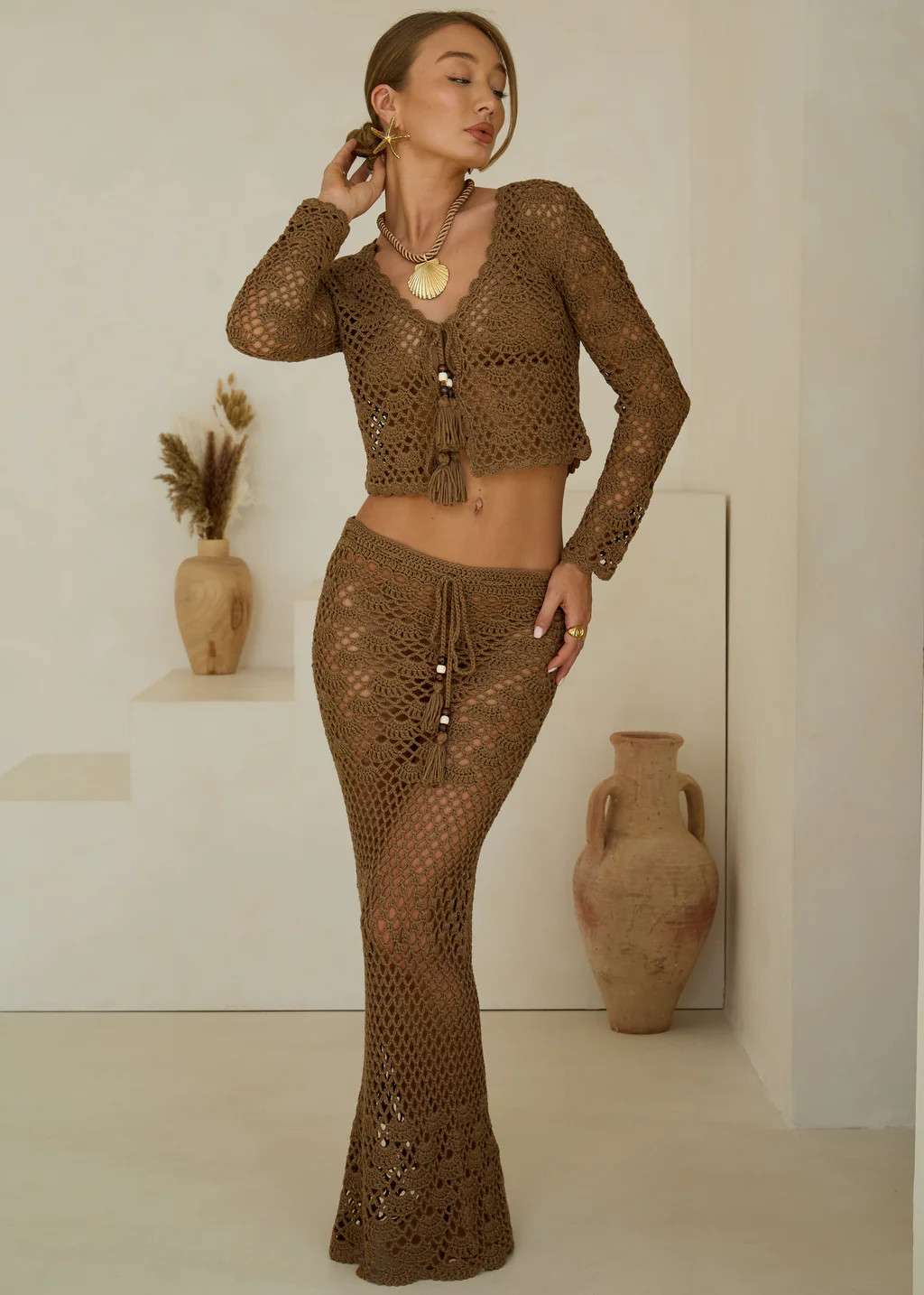 Maxi Crochet Skirt Sea Shells in Mocha Mousse | outdazl