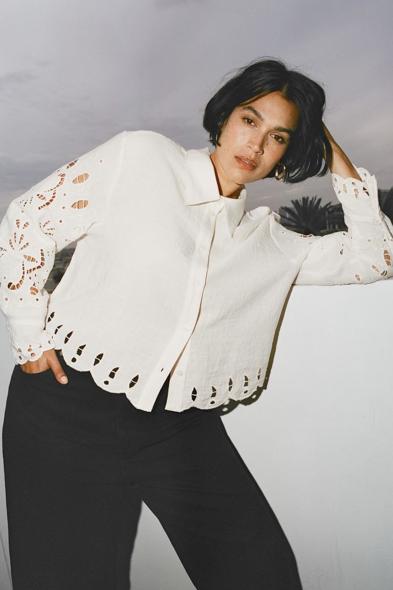 Eyelet Embroidered Shirt - Cream - Ladies | H&M US | H&M (US + CA)