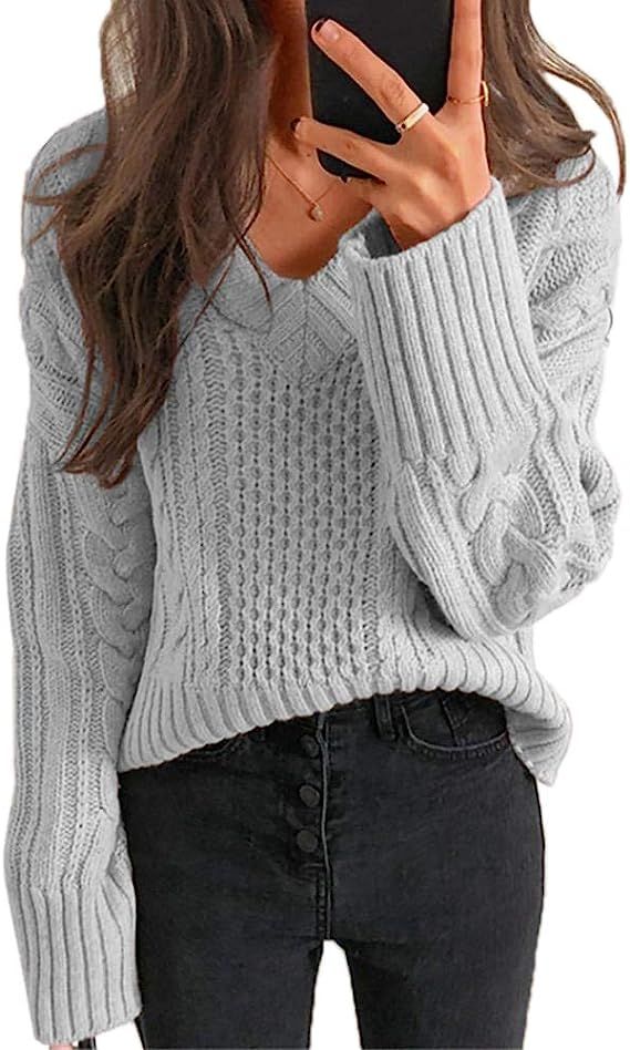 Fessceruna Women’s V Neck Sweater Fall Long Sleeve Chunky Knit Warm Pullover Jumper Grey at Ama... | Amazon (US)