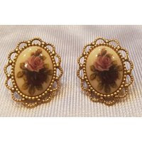 Vintage - Gold-Oval-Purple-Flowered-Earrings-studs-Jewelry-Accessories | Etsy (US)