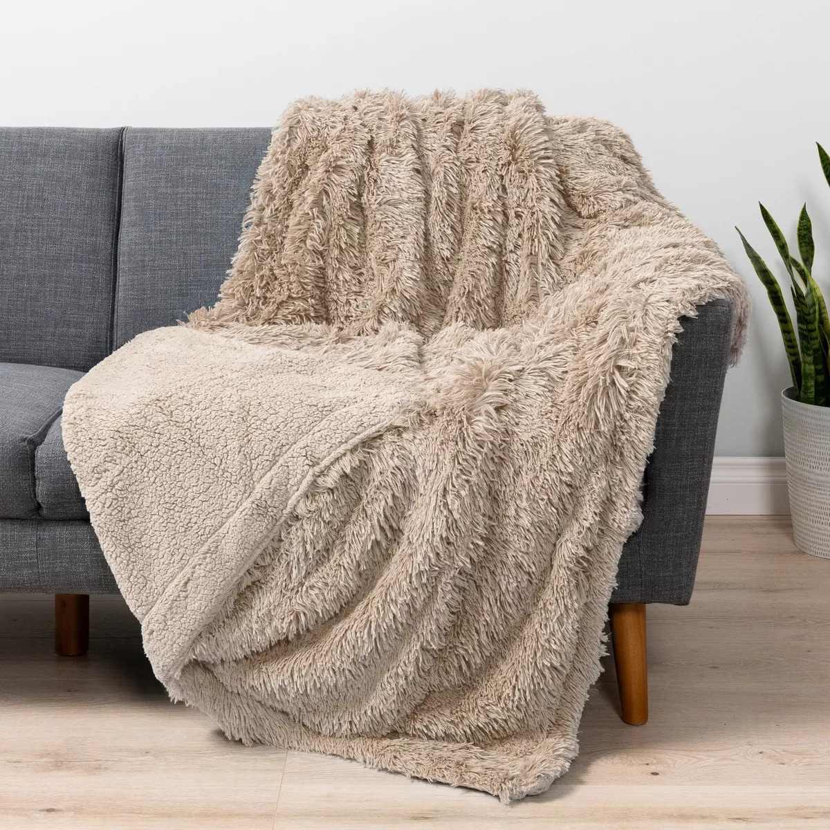 PAVILIA Fluffy Faux Fur Reversible Throw Blanket for Bed, Sofa, and Couch, Taupe/Throw - 50x60 | Target
