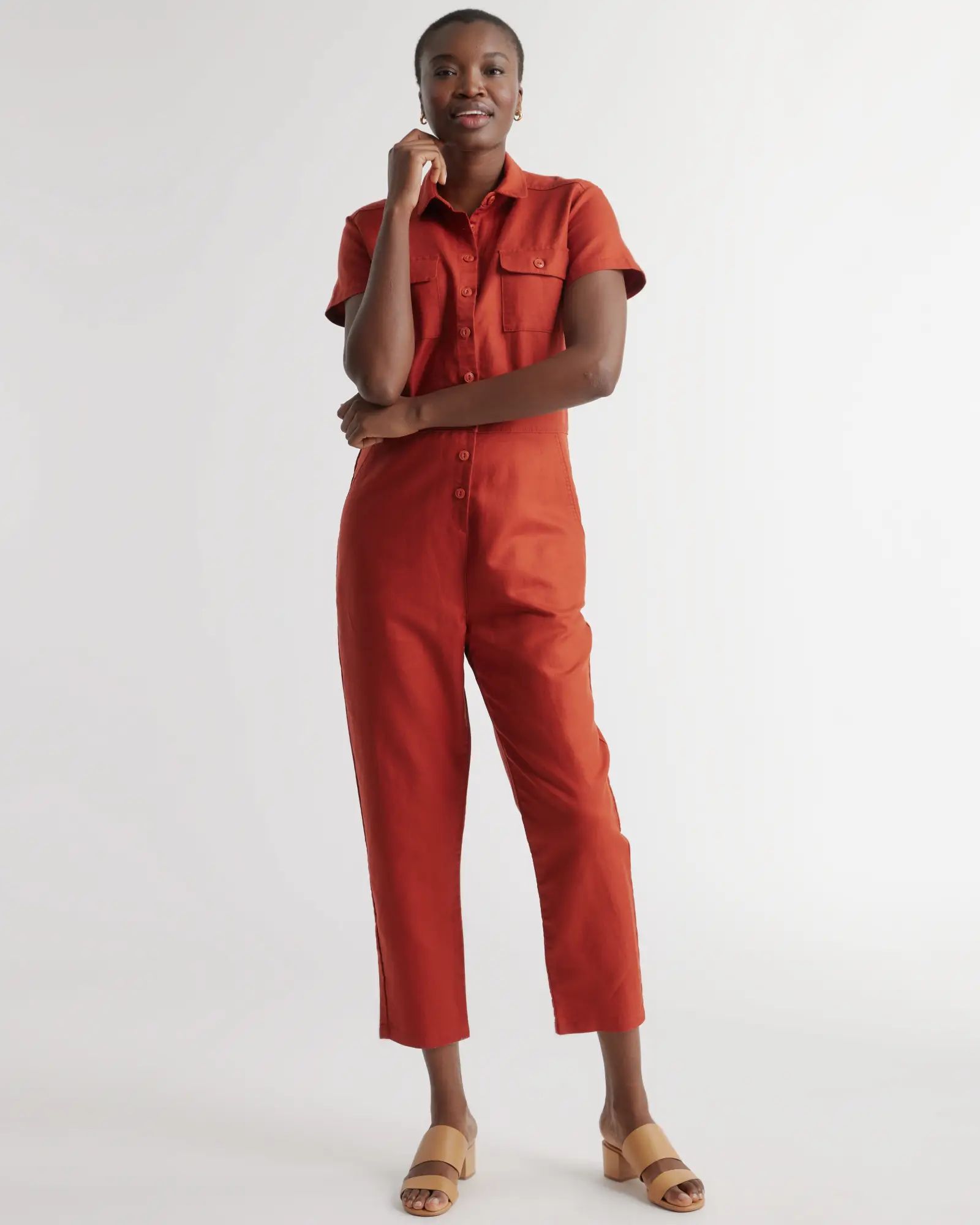 Cotton Linen Twill Short Sleeve Coverall Jumpsuit | Quince