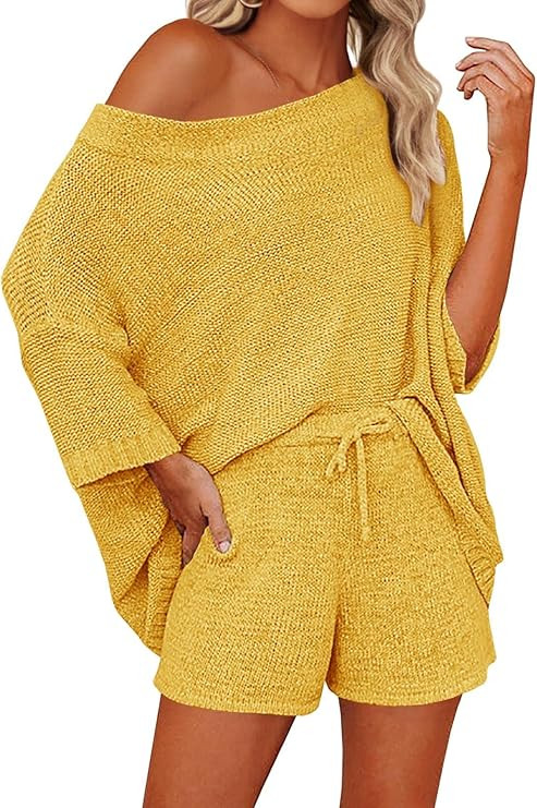 Mafulus Women's 2 Piece Outfits Sweater Sets Off Shoulder Knit Top Shorts Matching Suits Cute Paj... | Amazon (US)