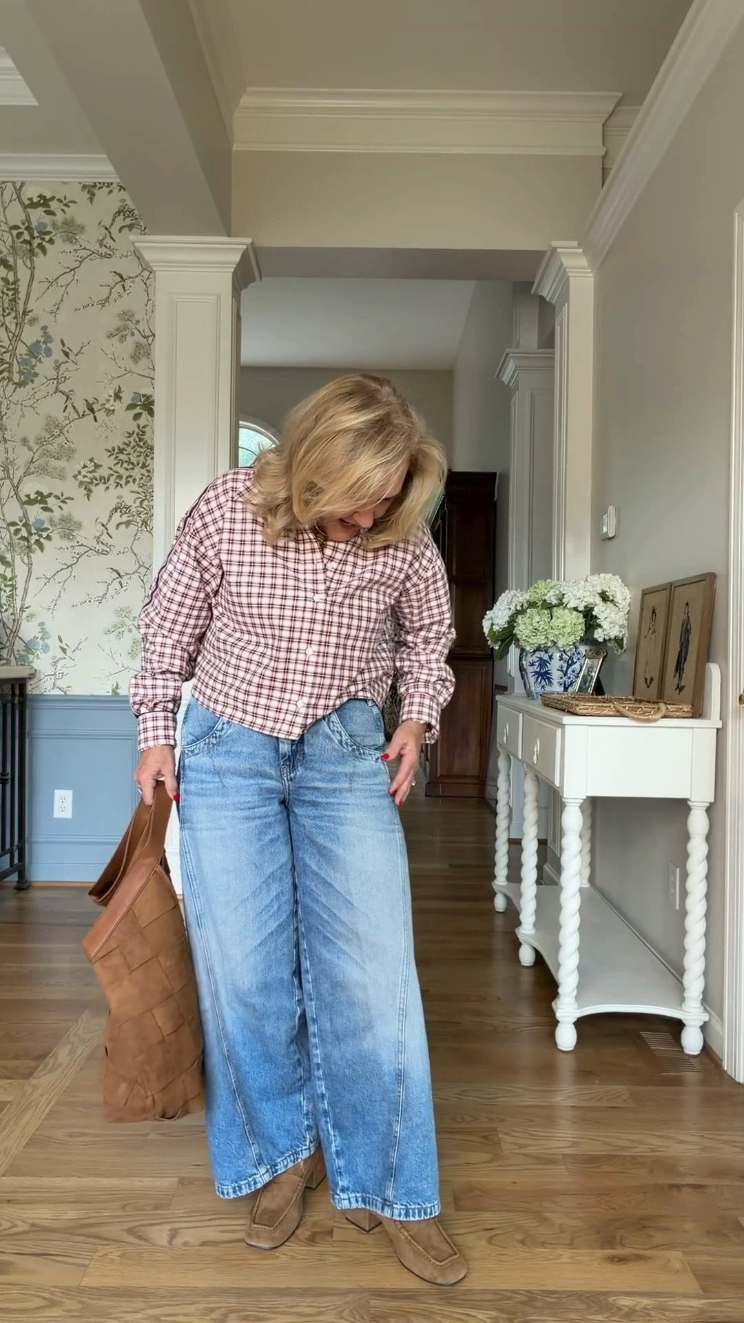 Tap the bell 🔔, heart ❤️ this post, and save for later!

This burgundy gingham shirt and wide-leg jeans are an easy casual combination with a polished feel. Add brown suede accessories for a classic look that works beautifully for everyday wear.

Fit note: I'm wearing a size 29 Petite

#LTKootd #LTKWorkwear #LTKOver40