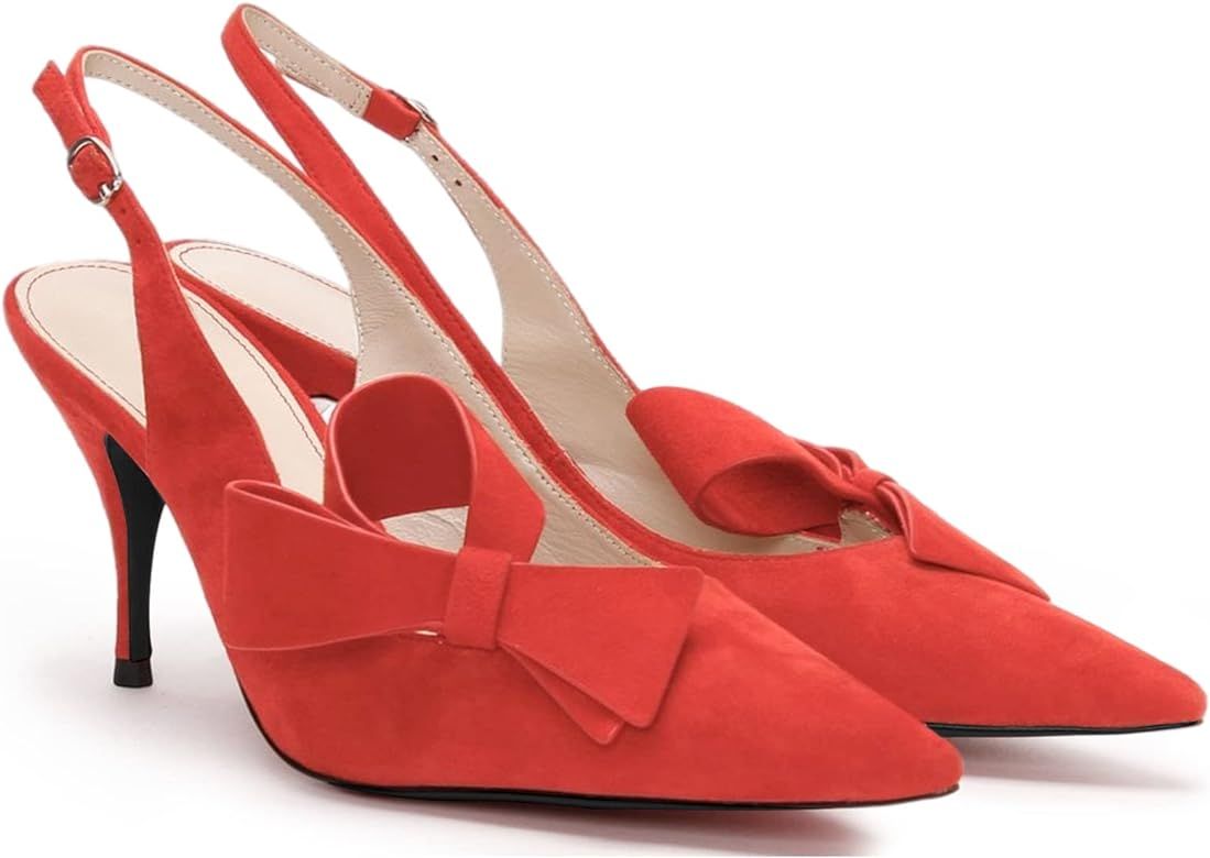 PiePieBuy Womens Pointed Toe Slingback Pumps Mid Heel Bow Stilettos Sandals Faux Suede Wedding Pa... | Amazon (US)