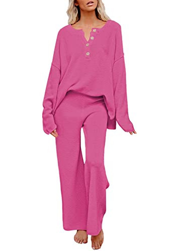 Pink Queen Women's 2 Piece Sweater Set Button Pullover Knit Top Long Wide Leg Pants Sweatsuit Lounge Set Rose Red S | Amazon (US)