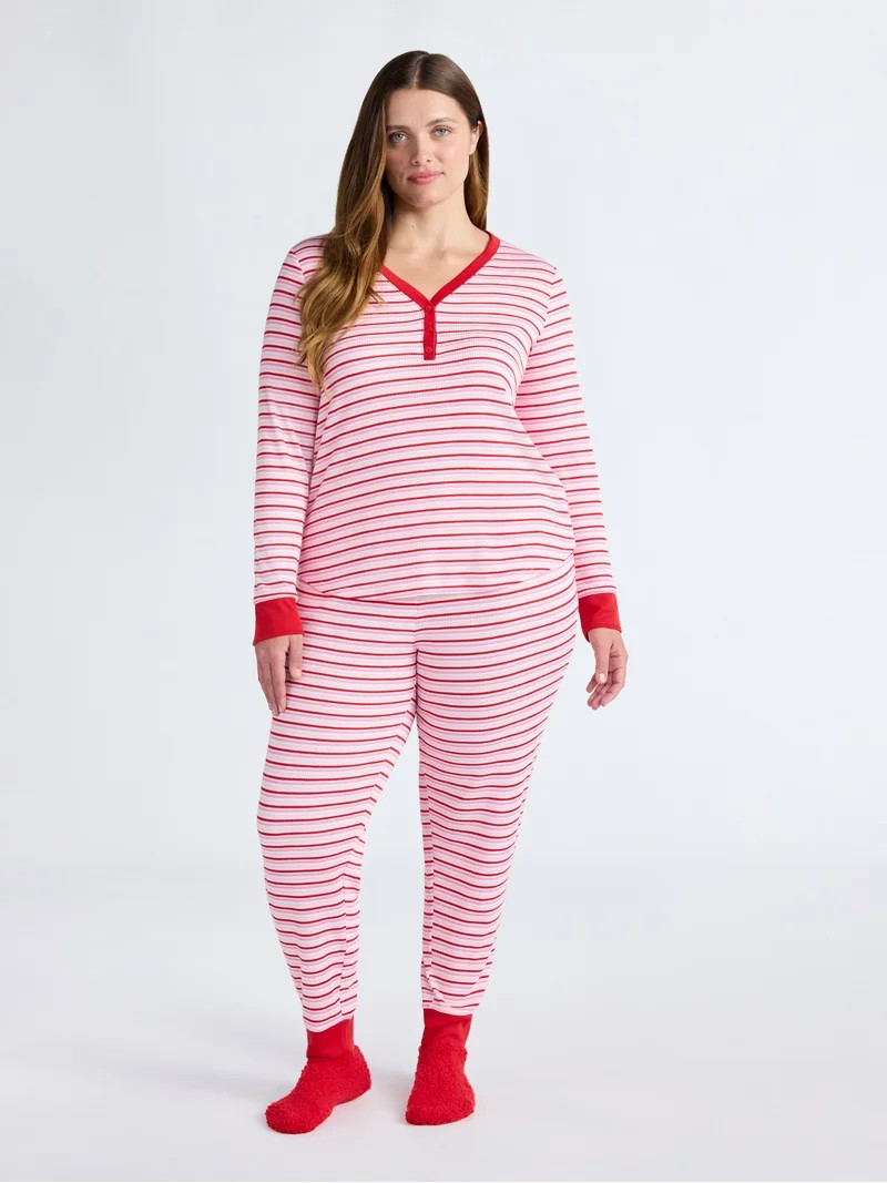 Joyspun Women's Waffle Knit Henley Sleep Top, Joggers and Socks Pajama Set, 3-Piece, Sizes XS-3X | Walmart (US)