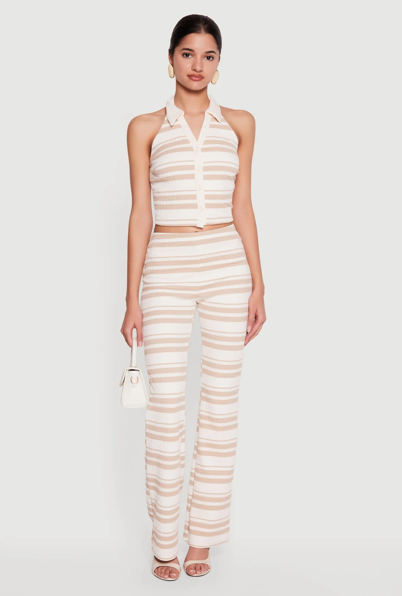 Striped Textured Knit Collared Halter Top | Rainbow Shops