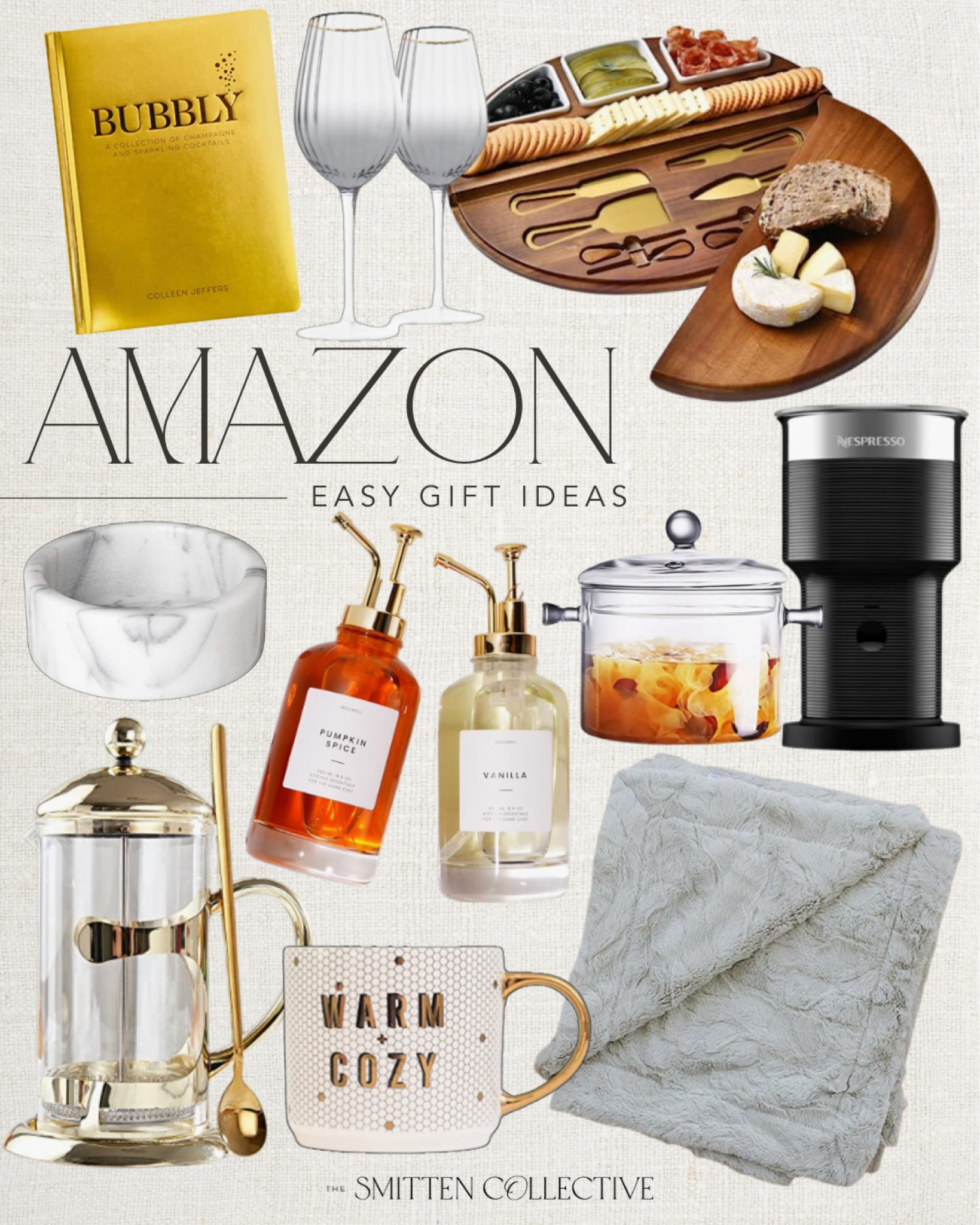 Amazon gifts include milk frother, clear pot, throw blanket, coffee mug, French press, marble wine stand, charcuterie board, wine glasses, cocktail book, and  dispenser bottles.

Gift guide, gifts for her, gifts for couples, easy gifts, Amazon gift finds

#LTKfindsunder50 #LTKHoliday #LTKGiftGuide