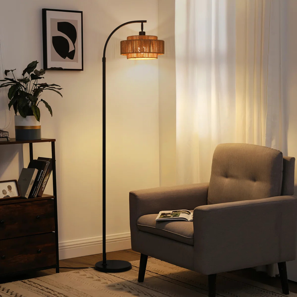 Aarzo 69.6" Arched Rattan Floor Lamp With LED Light and Remote Control | Wayfair North America