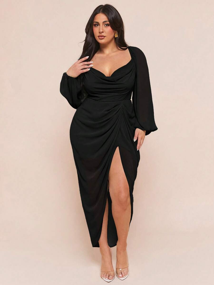 SHEIN BAE Women's Plus Size Elegant Party Date Sexy Glitter Sequins Draped Neck Ruched Asymmetric... | SHEIN