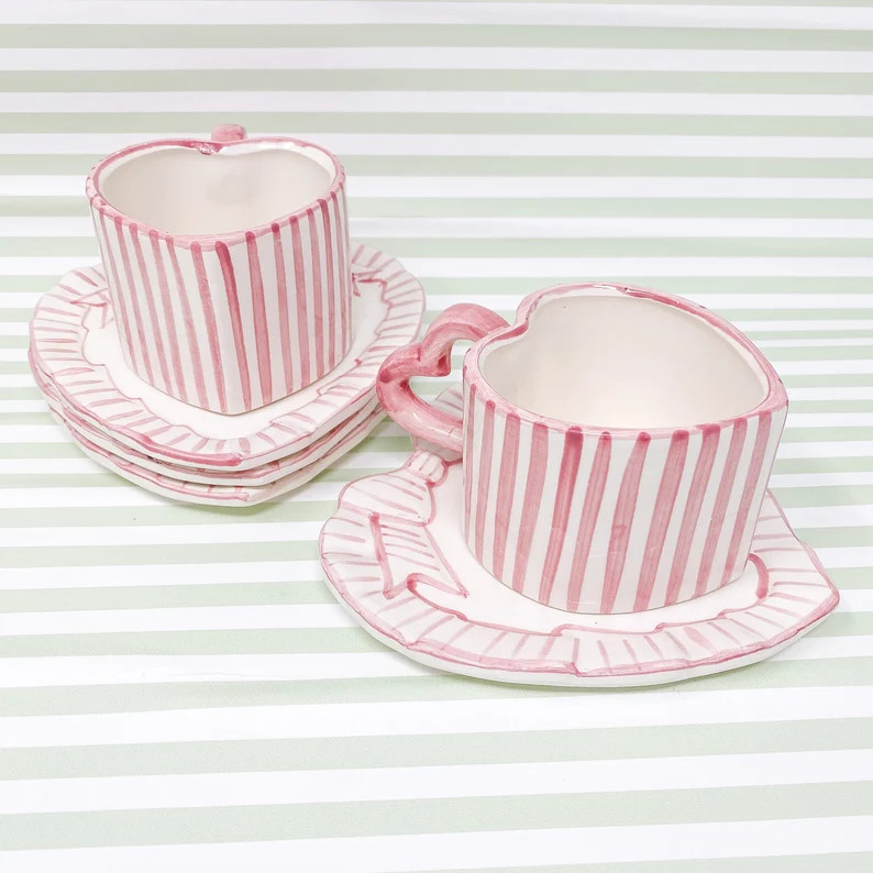 Haldon Group Flat Cup and Saucer Set Pink Stripe Heart - Etsy | Etsy (US)