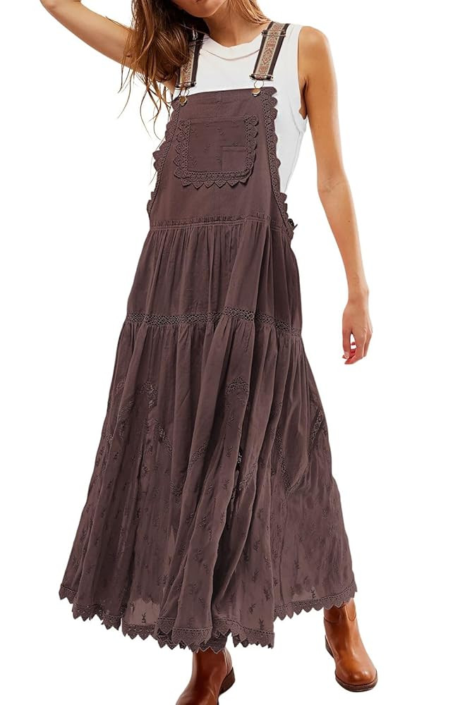 Women's Casual Lace Embroidered Maxi Dress Adjustable Strap Pleated Tiered Swing Long Dress with ... | Amazon (US)