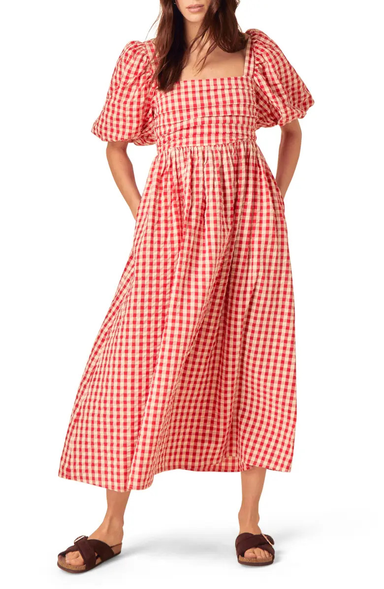 Nobody's Child Nova Gingham Puff Sleeve Linen Blend Midi Dress | Nordstrom | Nordstrom