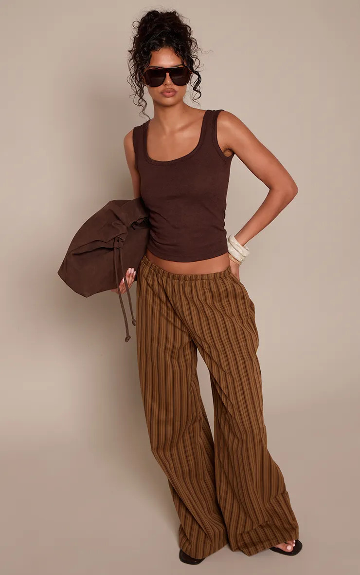 Brown Stripe Shirred Waistband Wide Leg Trousers | PrettyLittleThing US
