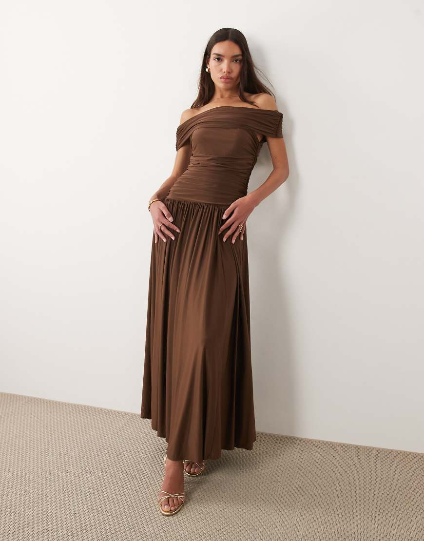 Abercrombie & Fitch off the shoulder drop waist maxi dress in brown | ASOS (Global)