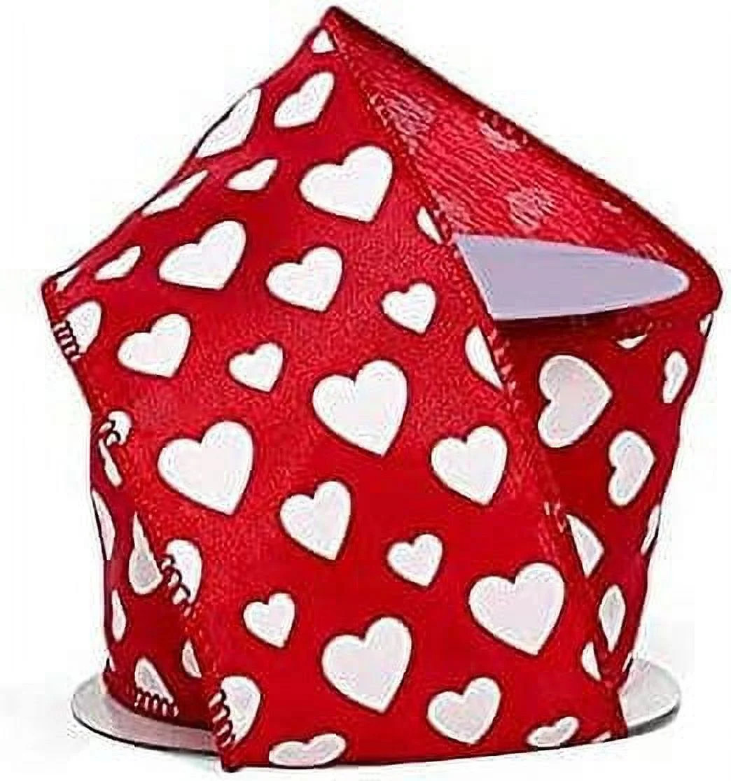 Satin Valentine Hearts Wired Ribbon - 2 1/2" x 10 Yards, White Hearts, Red Wired Edges, Christmas... | Walmart (US)