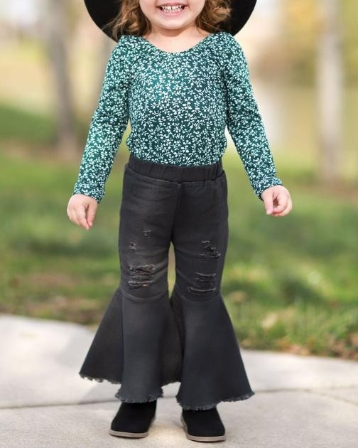 Barbie Pleated Denim Bell Bottoms - Distressed Black | Bailey's Blossoms