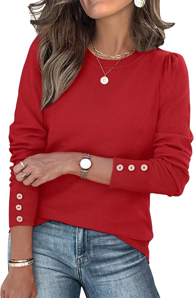 Womens Sweaters Fall Fashion 2025 Long Sleeve Button Cuff Soft Knit Pullover Trendy Tops Dressy C... | Amazon (US)