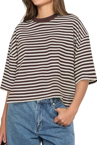 CHYRII Womens Oversized Striped T Shirts Short Sleeve Crewneck Summer Fashion 2026 Tops Y2K Clothes (Coffee L) | Amazon (US)