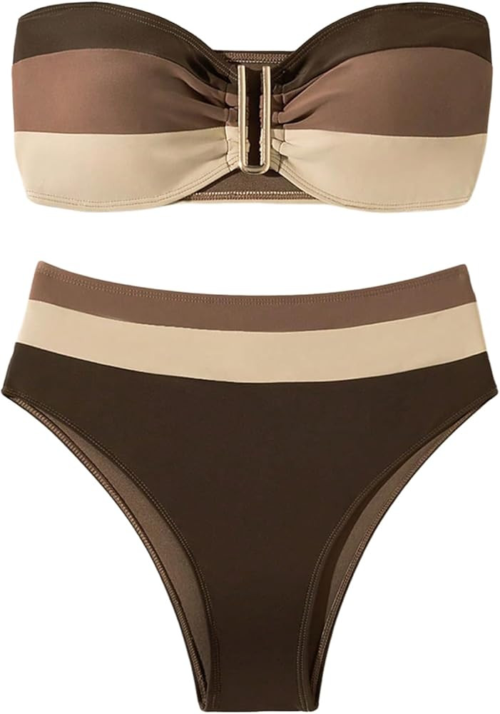 SweatyRocks Women's High Waisted Bikini Sets Color Block Strapless Bathing Suit Bandeau Swimsuits | Amazon (US)