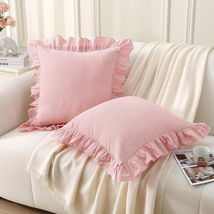 Silnuo Pink/White Plaid Ruffle Throw Pillow Covers Farmhouse Checkered Gingham 20"x20" Vintage Wa... | Amazon (US)