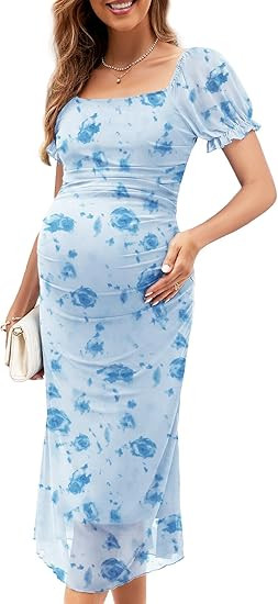 Mesh Ruched Maternity Dress Baby Shower Wedding Guest Pregnancy Shoot Fall Long Short Sleeves Squ... | Amazon (US)
