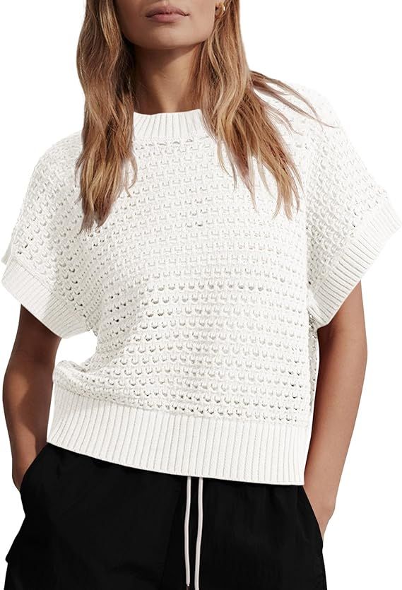 Saodimallsu Women's Sleeveless Knit Sweater Vest Casual Crochet Hollow Out Cap Sleeve Crewneck 20... | Amazon (US)