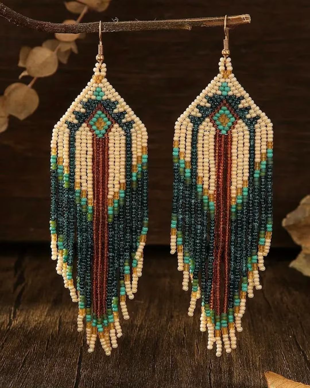 Beaded Native American Boho EARRINGS Turquoise and Ivory Western - Etsy | Etsy (US)
