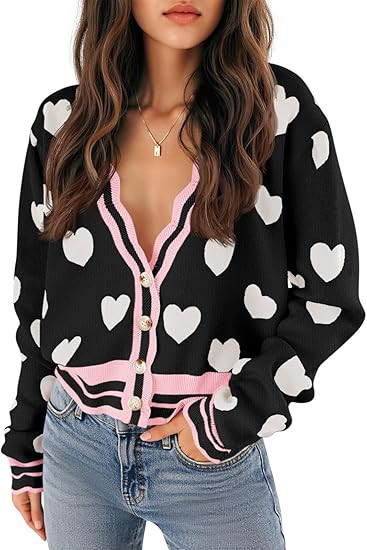 Saodimallsu Womens Cute Heart Cardigan Sweaters Button V Neck Long Sleeve Color Block Knit Valent... | Amazon (US)