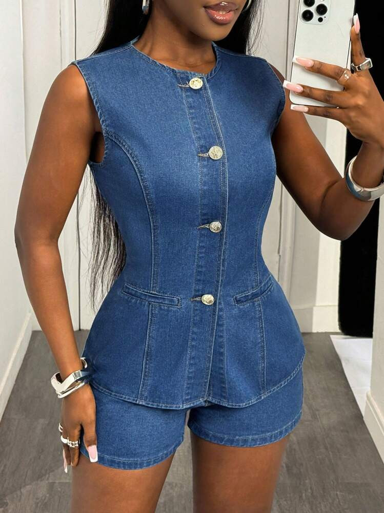 Slaydiva Women Single-Breasted Sleeveless Denim Top And Denim Shorts 2pcs Set Women Summer Sets Office Outfits For Women Teacher Outfits For Women 2 Pieces Summer Outfit Summer Sets For Women | SHEIN