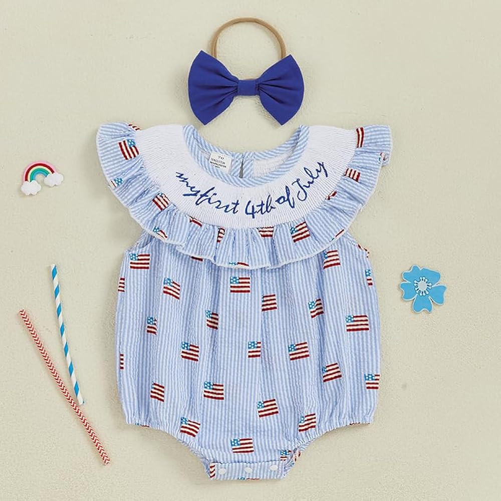 my first 4th Fourth of july baby girl outfits newborn American flag onesie usa bubble romper smocked outfit | Amazon (US)