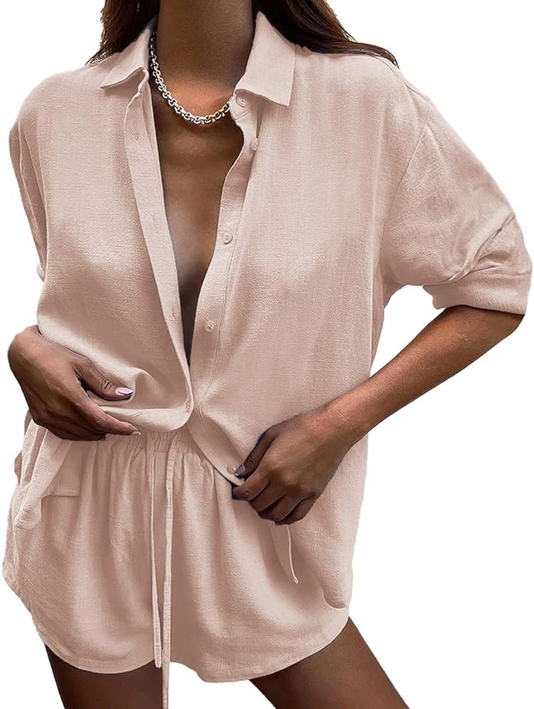 DEEP SELF 2 Piece Outfits for Women Summer Botton Down Long Sleeve Shirt and Shorts Set Matching ... | Amazon (US)
