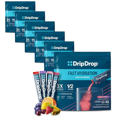 DripDrop Hydration - Juicy Variety Pack - Electrolyte Drink Mix Single Serve Powder Packets - Grape, Fruit Punch, Strawberry Lemonade, Cherry | Non-GMO, Gluten Free, Vegan | 192 Sticks | Amazon (US)