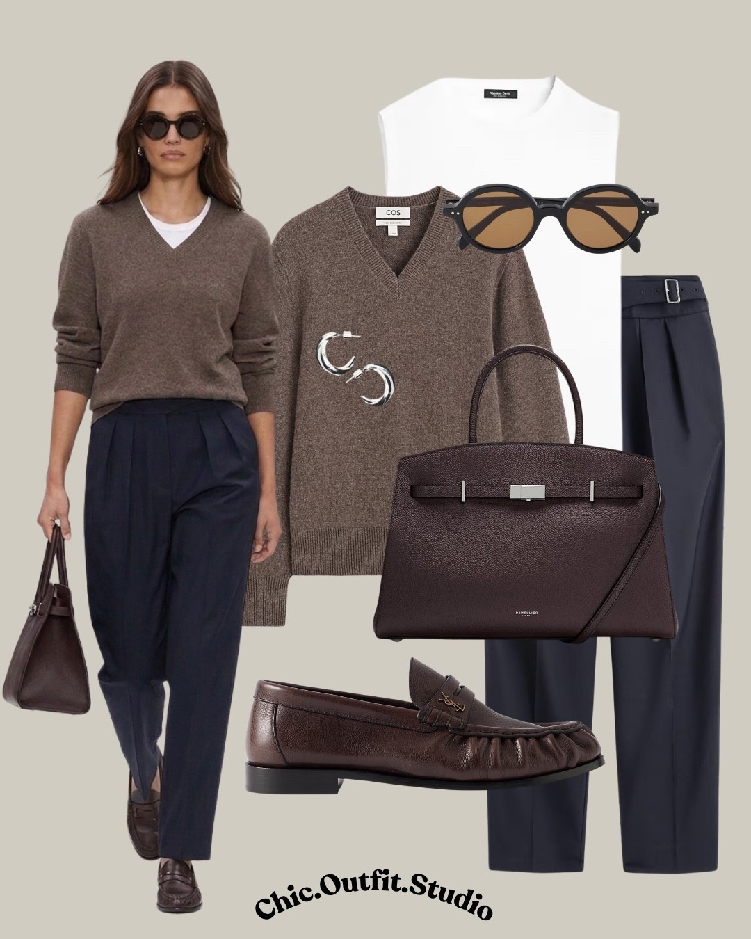 Brown Sweater + Navy Trousers + Loafers

✨A soft neutral V-neck sweater styled with a crisp white tee, tailored navy trousers, and classic brown loafers creates a refined pre-fall office outfit with an understated, polished feel. The tonal neutrals and tailored proportions make this an easy formula for office days, presentations, business casual meetings, work lunches, travel, or after-work plans. Add a structured leather handbag and simple jewelry for an elevated finish that feels timeless rather than overly formal.

✨Tags: brown sweater outfit women, pre fall workwear outfit, navy trousers outfit, business casual work outfit, quiet luxury style, minimalist workwear women, office outfit ideas, tailored trousers outfit, brown loafers outfit, elevated basics outfit, classic capsule wardrobe, sophisticated casual outfit, European minimalist style, workwear capsule wardrobe, fall office outfit women

#LTKworkwear #LTKautumn #LTKshoes