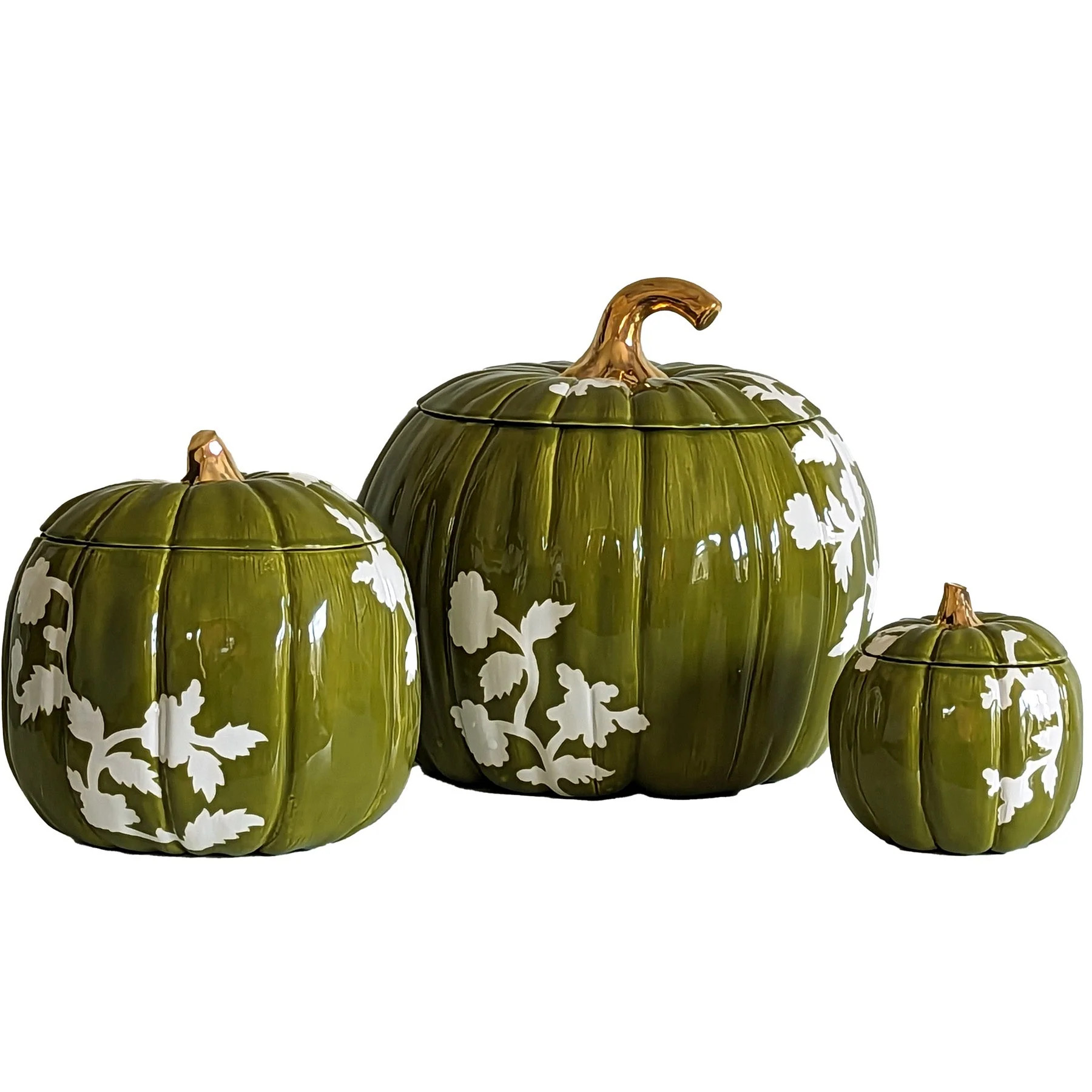 Chinoiserie Pumpkin Jars with 22K Gold Accents in Moss Green | Ruby Clay Company