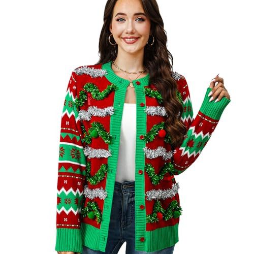 JATEBI Ugly Christmas Cardigan for Women Crew Neck Long Sleeve Sweaters with Christmas Tinsel Garland Pom Poms Bows (L) Green | Amazon (US)
