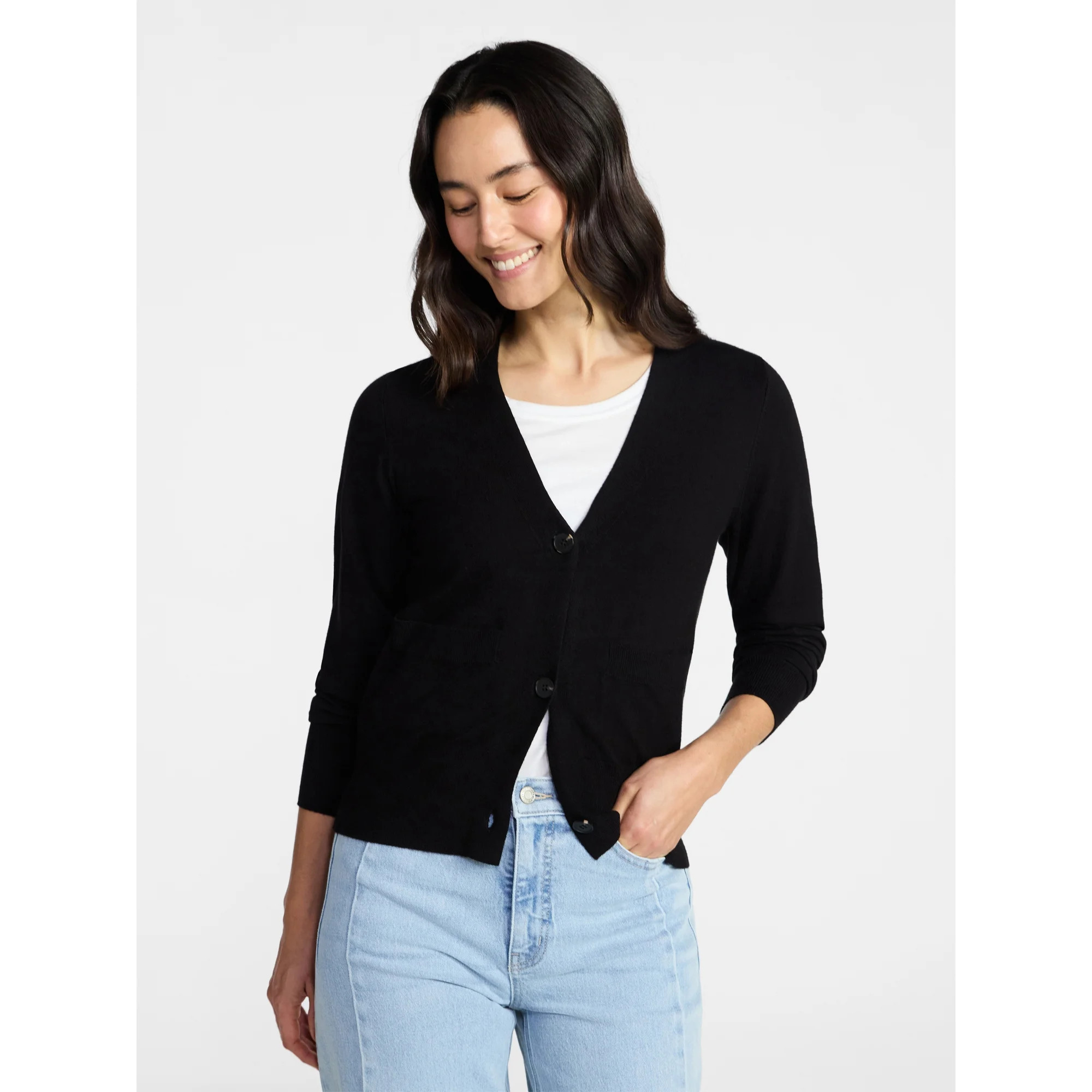 Time and Tru Women's V-Neck Cardigan Sweater, Lightweight, Sizes XS-XXXL | Walmart (US)