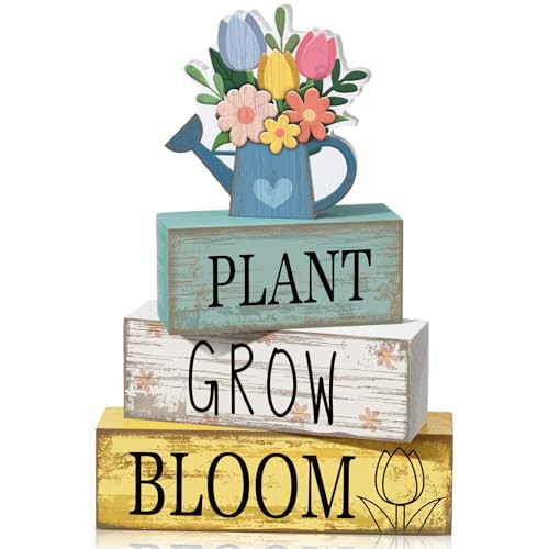 Moucuny 4 Pcs Spring Table Decorations Flower Wooden Signs Spring Tiered Tray Decor Wooden Flower Kettle Block Signs Pastel Table Centerpieces Decor for Home Kitchen Shelf | Amazon (US)