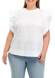 Plus Size Ruffle Sleeve Embroidered Cotton Top | Belk