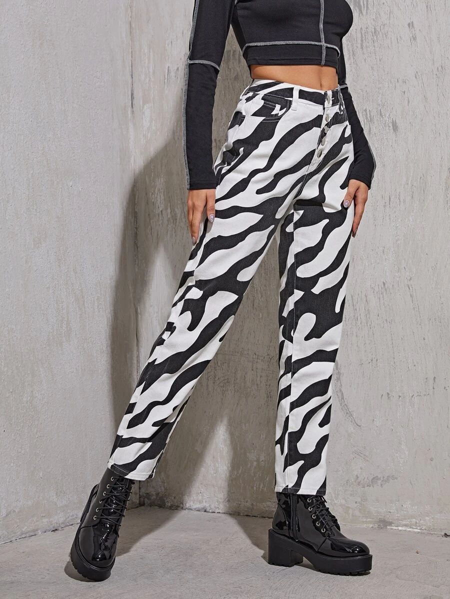 Button Fly Zebra Stripe Jeans | SHEIN