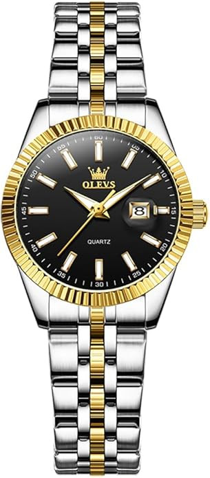 OLEVS Women's Stainless Steel Watch, Luxury Gold Silver Two Tone Easy to Read Analog Quartz Dress... | Amazon (US)