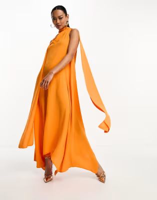 ASOS DESIGN modern sleeveless cowl neck midi dress with scarf detail in orange | ASOS (Global)