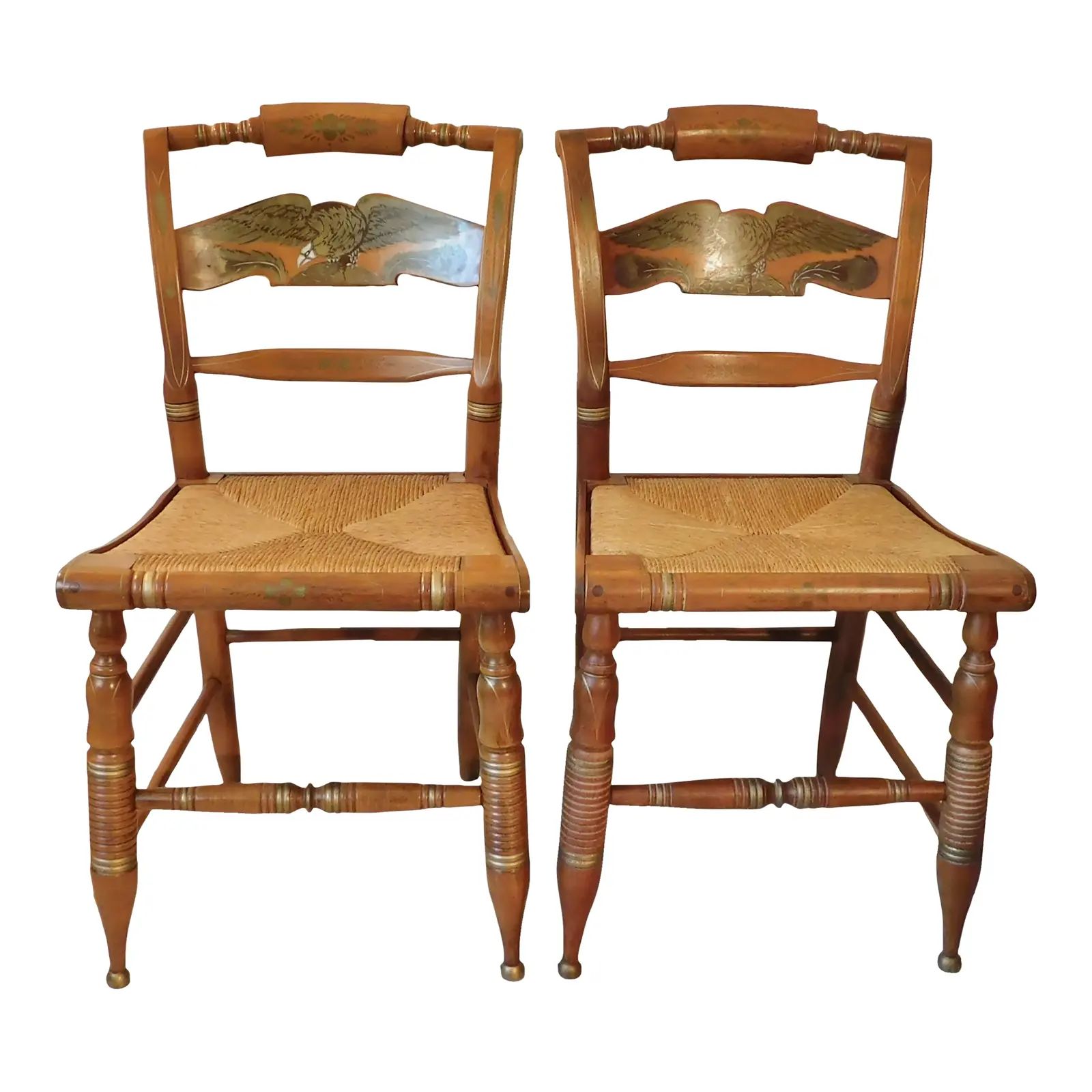 Ethan Allen & Hitchcock Collaboration Solid Wood Gold Stenciled Rush Seat Side Chairs - a Pair | Chairish