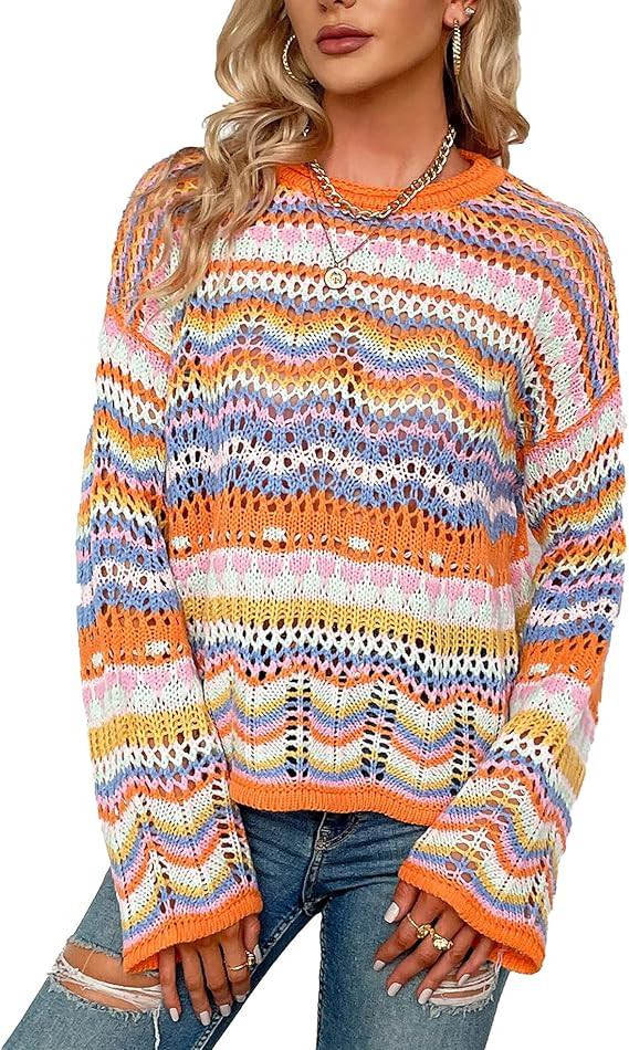 CORIRESHA Women's Y2K Colorful Stripes Crochet Sheer Long Sleeve Casual Knit Pullover Sweater | Amazon (US)
