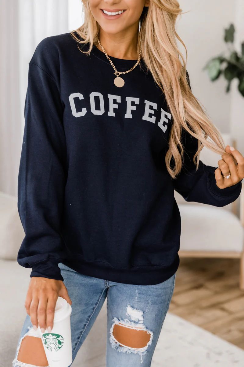 Coffee Varsity Graphic Navy Sweatshirt DOORBUSTER | Pink Lily