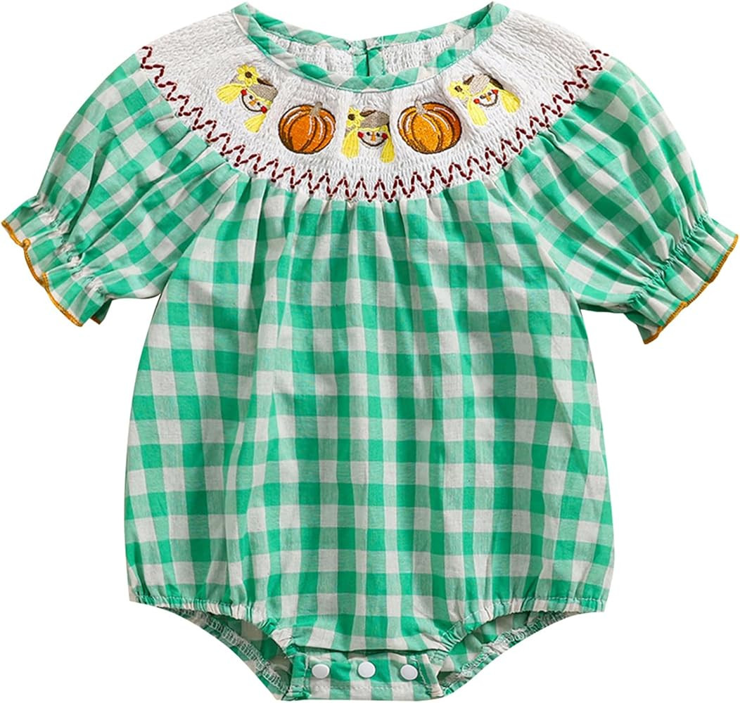 Ayalinggo Newborn Baby Girl Smocked Pumpkin Outfit Infant Plaid Bubble Romper Embroidery Hallowee... | Amazon (US)