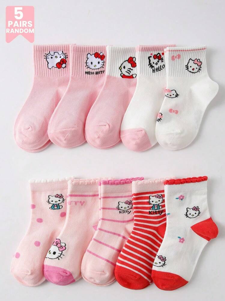 5 Pairs Kids Socks, Cute Cartoon Pink Kitty Pattern Short Socks For Boys/Girls, Striped/Bow Desig... | SHEIN